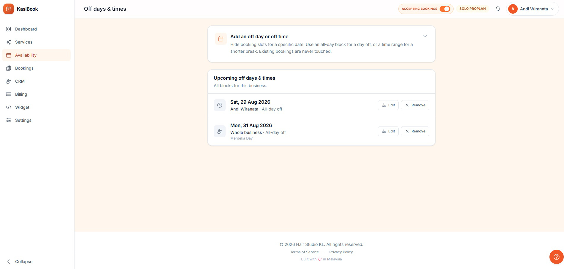 Availability & off days — Block off days and off times so customers only ever see open slots.