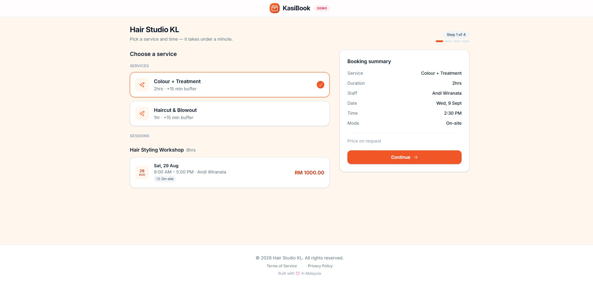 Customer booking page — Clients pick a service and slot in seconds — 24/7